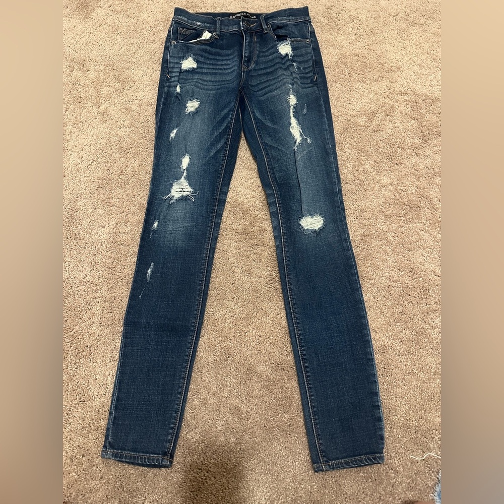 Express Dark Blue Distressed Skinny Jeans